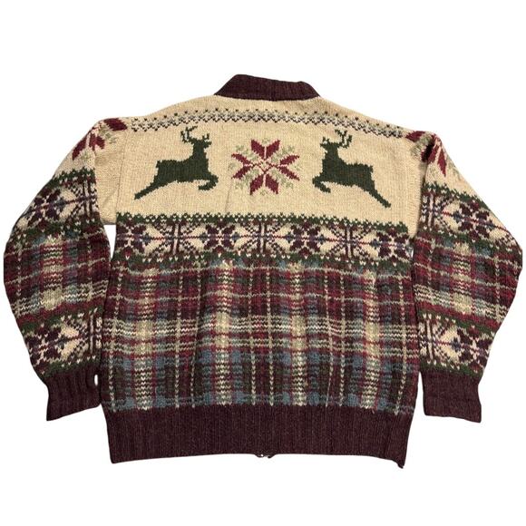 VTG Y2K Ralph Lauren Chaps Wool Sweater Zip Hand Knit Mens Medium Deer Fisherman - Picture 6 of 9